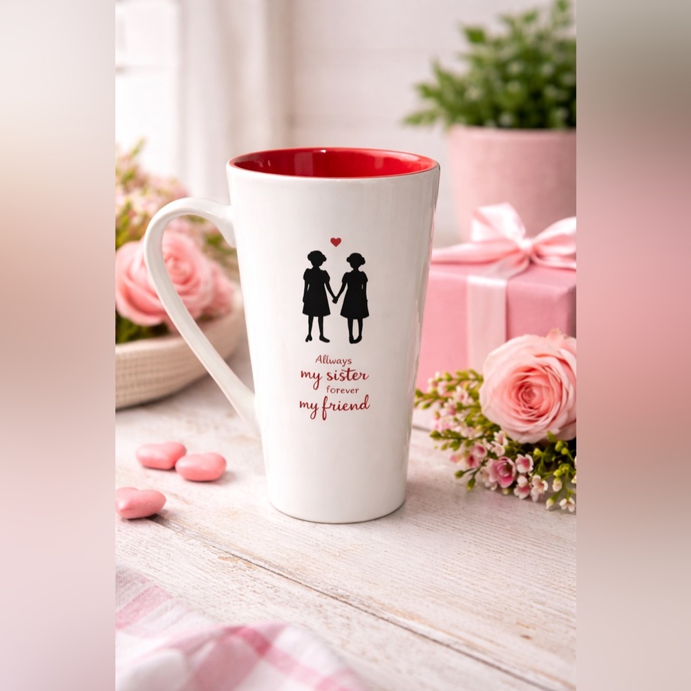 My Sister My Friend” Tall Coffee Mug White Red Interior 10 Strawberry Street